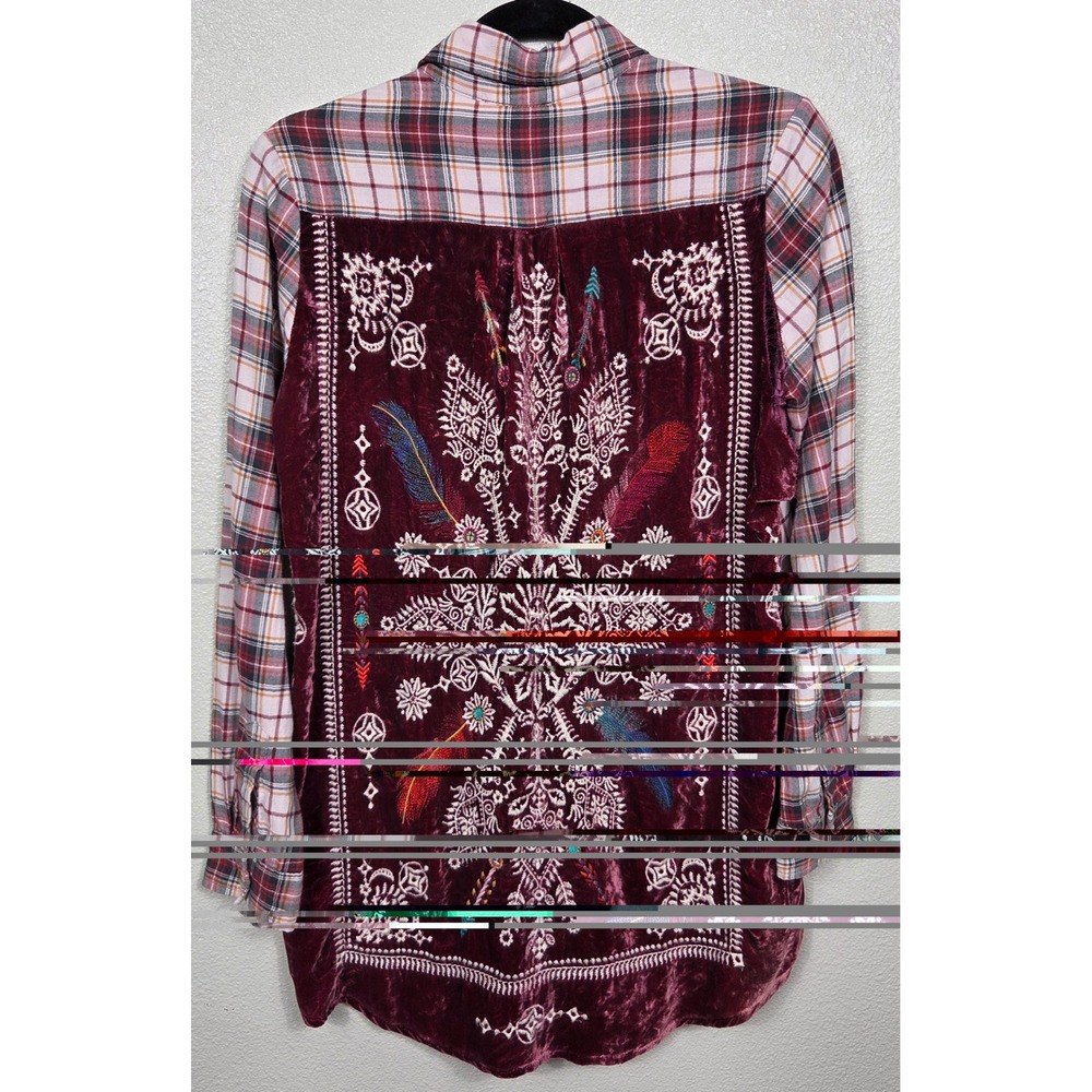 Johnny Was 3J Workshop Lorie Plaid Velvet Embroidered Tunic XS Flaw